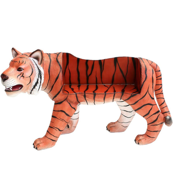 outdoors ; indoor ; Fiberglass statue ; decorate ; Large scale ; City decoration ; garden ; Park decoration ; Chair ; Chair sculpture ; Chair statue ; Life Size ; cartoon ; Custom life size tiger bench statue for garden and park decoration
