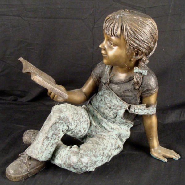 Life size children bronze girl reading book sculpture