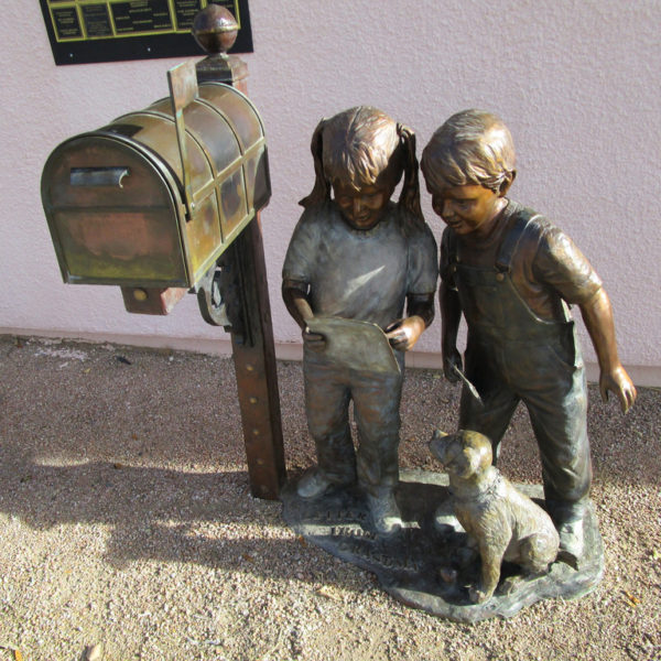copper boy girl reading statue metal mailbox sculpture