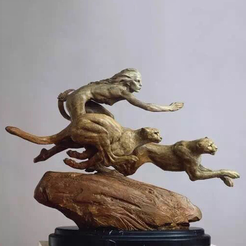 Running women and leopards Bronze sculptures