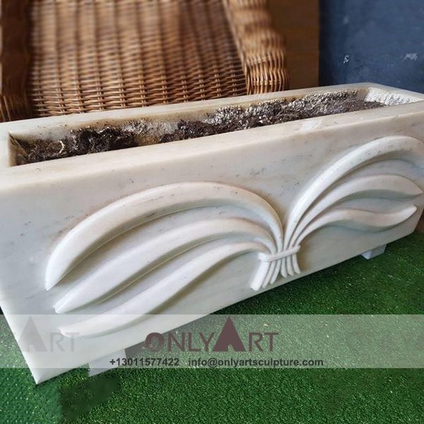 Stone Flower Pot ; Marble Flower Pot ; Flower Pot Sculpture ; Indoor ; Outdoor ; Hand carved ; Large ; Square decoration ; Landscaped antique white stone flower pot