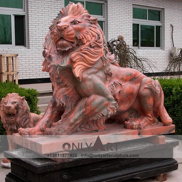 Marble lion sculpture ; lion sculpture ; Stone Lion ; Lion statue ; outdoor ; hypaethral ; door adornment ; Square decoration ; street ; Lion ; life-size ; large ; Hand Made Red marble lion sculpture