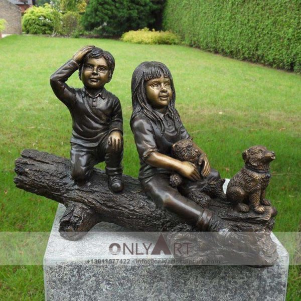 Bronze children's dog sculpture garden decoration