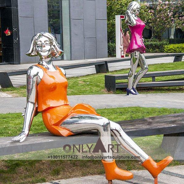 Stainless Steel Sculpture ; Stainless Steel chair ; Home decoration ; Outdoor decoration ; City Sculpture ; Colorful ; Colorful modern stainless steel lady sculpture