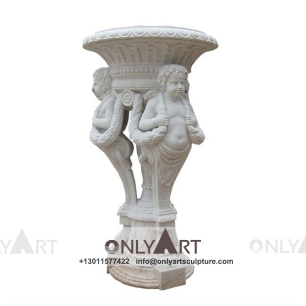 Stone Flower Pot ; Marble Flower Pot ; Flower Pot Sculpture ; Indoor ; Outdoor ; Hand carved ; Large ; Square decoration ; Marble garden flower POTS with cherubs carved on them