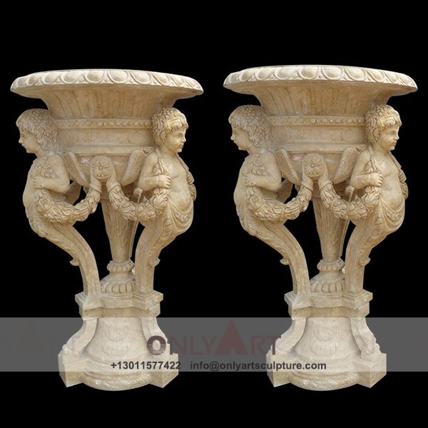 Stone Flower Pot ; Marble Flower Pot ; Flower Pot Sculpture ; Indoor ; Outdoor ; Hand carved ; Large ; Square decoration ; Outdoor marble with cherub flower Pots
