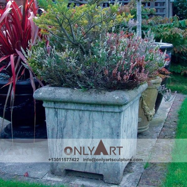 Stone Flower Pot ; Marble Flower Pot ; Flower Pot Sculpture ; Indoor ; Outdoor ; Hand carved ; Large ; Square decoration ; Hand Carved Garden Stone Flower Pot