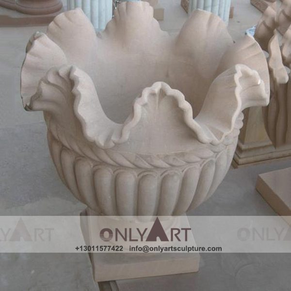 Stone Flower Pot ; Marble Flower Pot ; Flower Pot Sculpture ; Indoor ; Outdoor ; Hand carved ; Large ; Square decoration ; Hand Carved White Marble Flowerpot