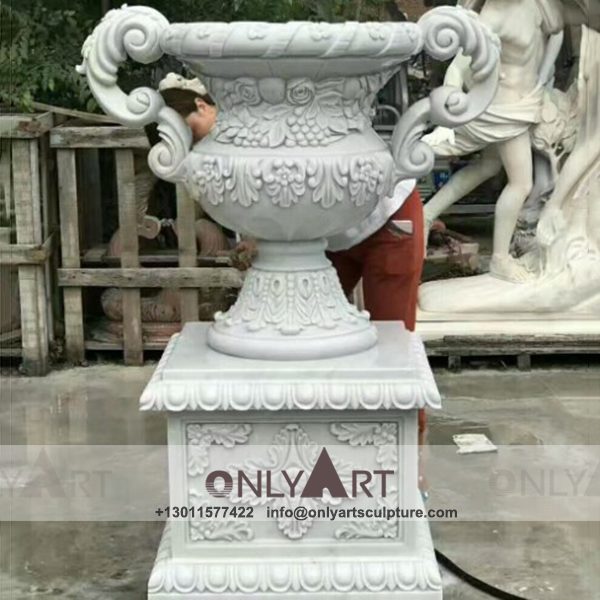Stone Flower Pot ; Marble Flower Pot ; Flower Pot Sculpture ; Indoor ; Outdoor ; Hand carved ; Large ; Square decoration ; Large outdoor flower pot in the shape of a marble trophy
