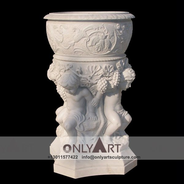 Stone Flower Pot ; Marble Flower Pot ; Flower Pot Sculpture ; Indoor ; Outdoor ; Hand carved ; Large ; Square decoration ; Marble flowerpots carved with little boys