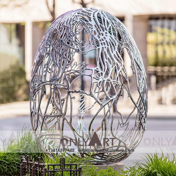 Stainless Steel Sculpture ; Stainless Steel chair ; Home decoration ; Outdoor decoration ; City Sculpture ; Colorful ; Corten Sculpture ; Modern hollowed-out egg-shaped stainless steel statues