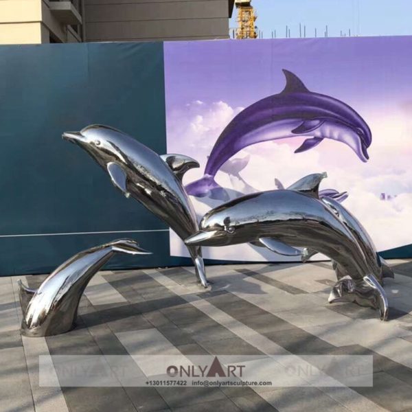 Stainless steel mirror animal Garden area decorated with stainless steel mirror art dolphin sculpture