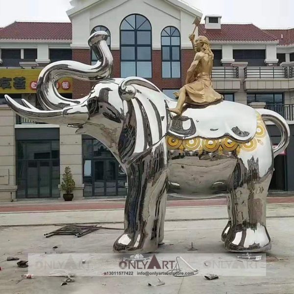 Square decorated mirror art stainless steel statue of man riding elephant Large stainless steel statue of man riding elephant in outdoor square