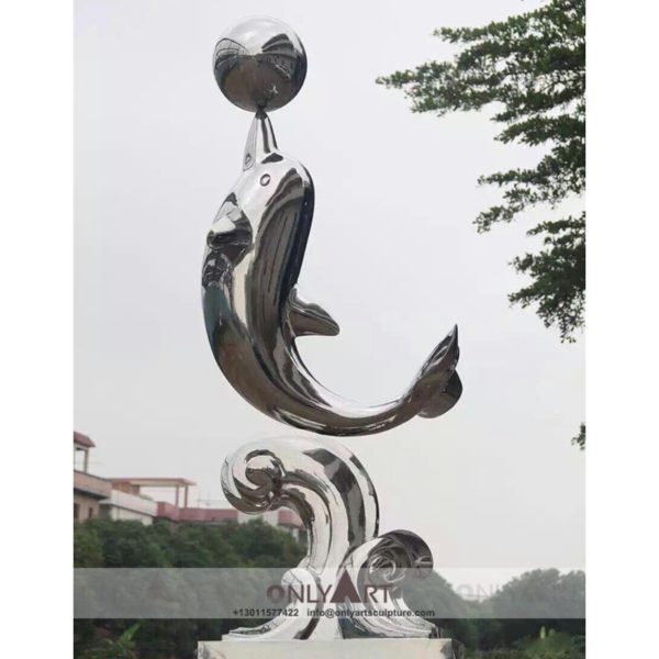 Park fountain sculptures mirror polished stainless steel dolphins